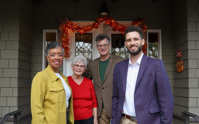 The Theilacker family posed outside their family home. From left, Joyce, Jeannie, Michael Wm. and Michael Z. Theilacker.